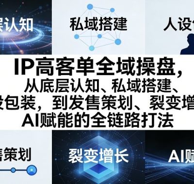 IP高客单全域操盘，从底层认知、私域搭建、人设包装，到发售策划、裂变增长、AI赋能的全链路打法